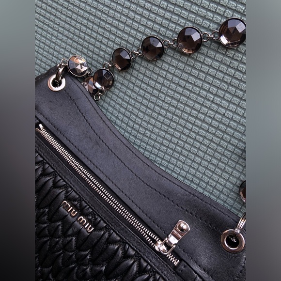 MIU MIU BLACK NAPPA LEATHER MATELASSE CRYSTAL CHAIN STRAP SHOULDER FLAP BAG - Picture 9 of 16